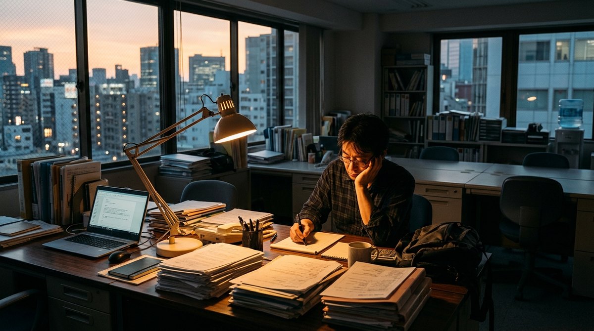夕方、事務所で報告書に追われる社員（イメージ）