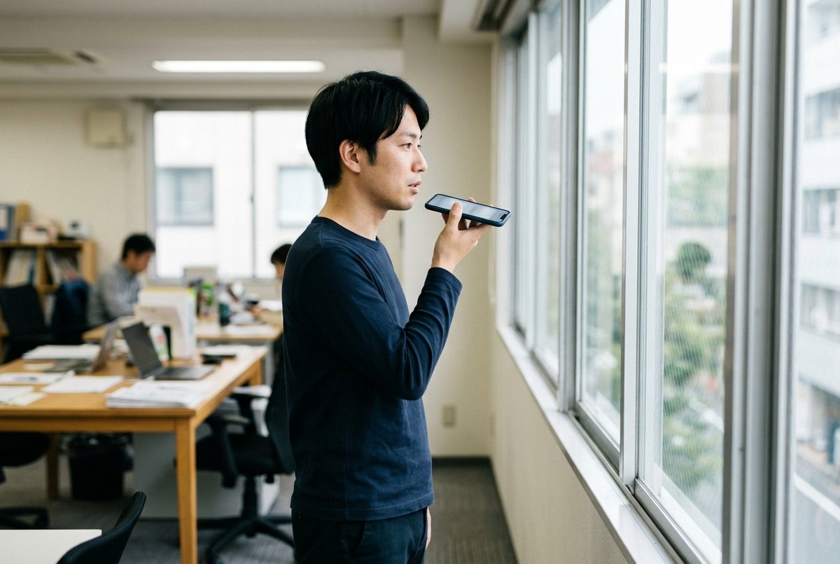 窓際でスマホに話しかけて報告する社員（イメージ）