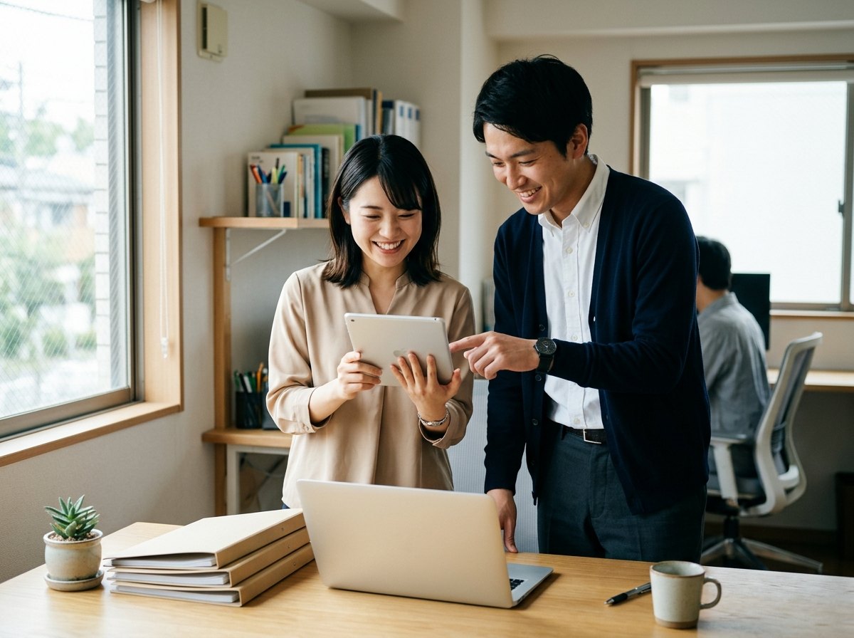 事務所で、2人がタブレットを見ながら笑顔で話している様子（イメージ）