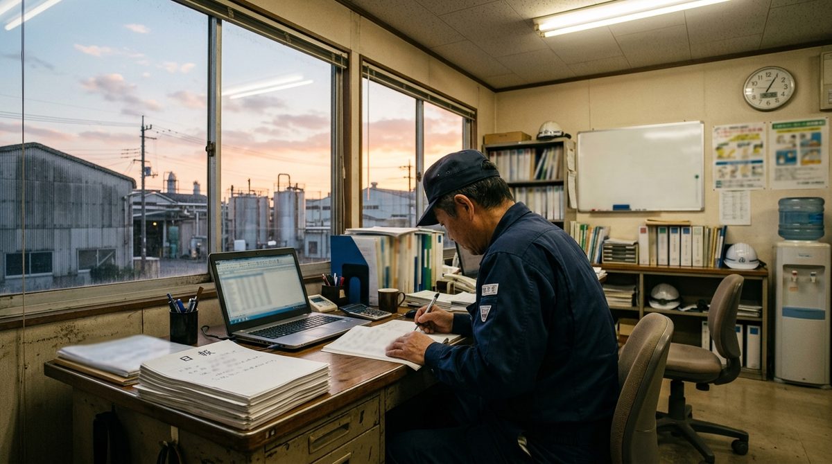 夕方、事務所で日報に追われる作業者（イメージ）