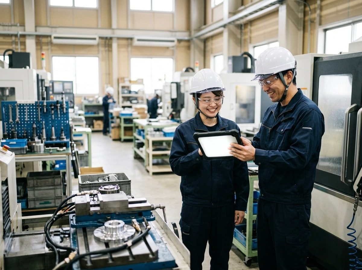 工場で、作業服の2人がタブレットを見ながら話している様子（イメージ）