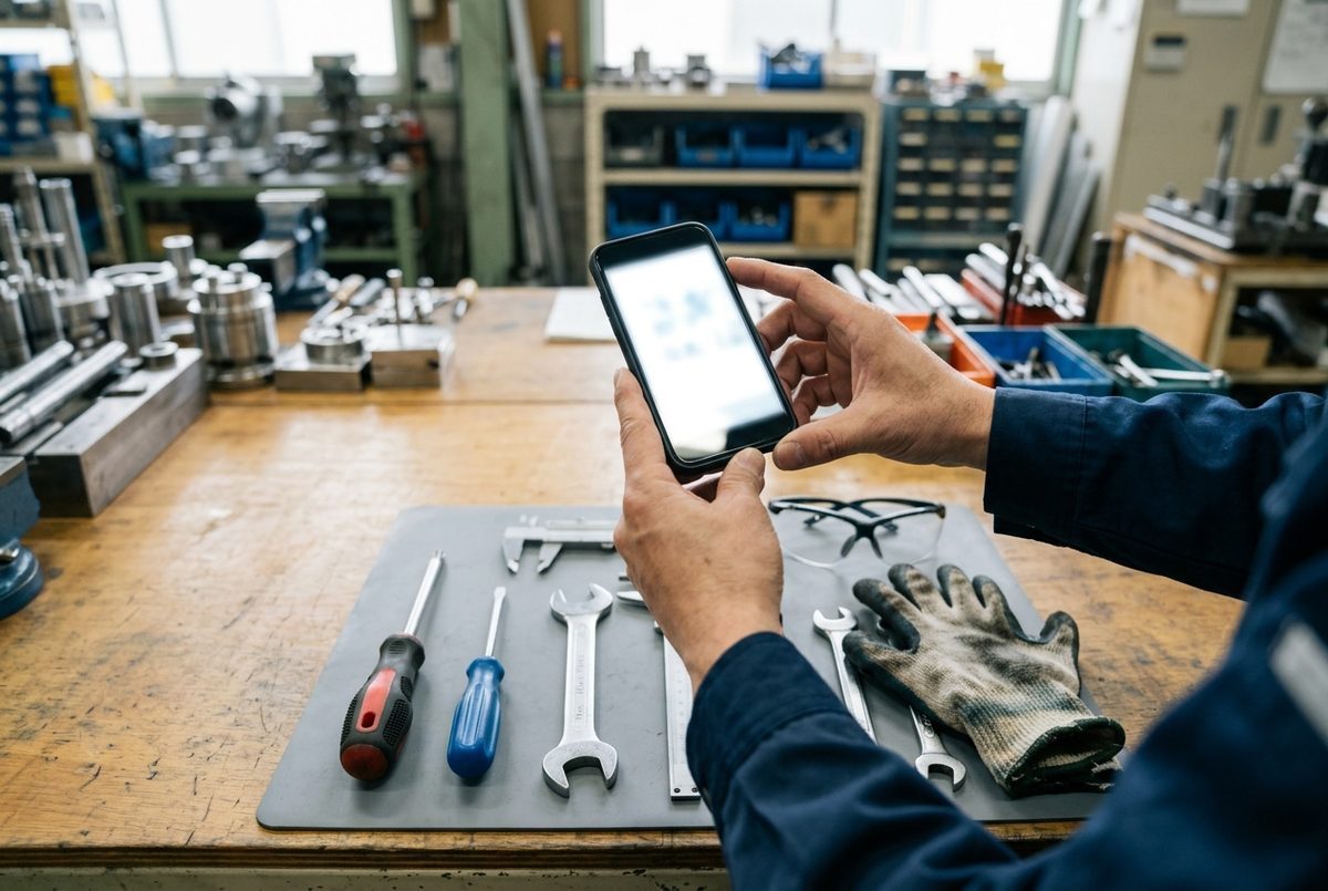 作業台の工具をスマホで撮る手元（イメージ）