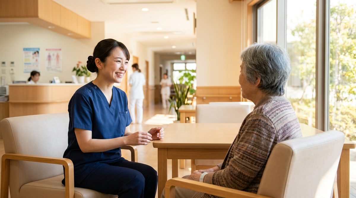 病棟で患者さんと穏やかに話す看護師（イメージ）