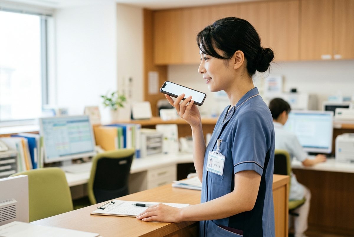ナースステーションでスマホに話しかけて申し送りをとる看護師（イメージ）