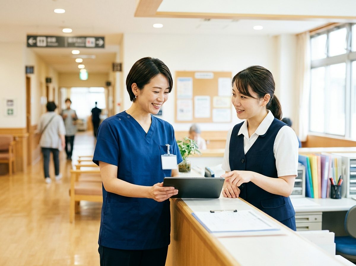 病院の連携室で、看護師と事務のスタッフがタブレットを見ながら話している様子（イメージ）