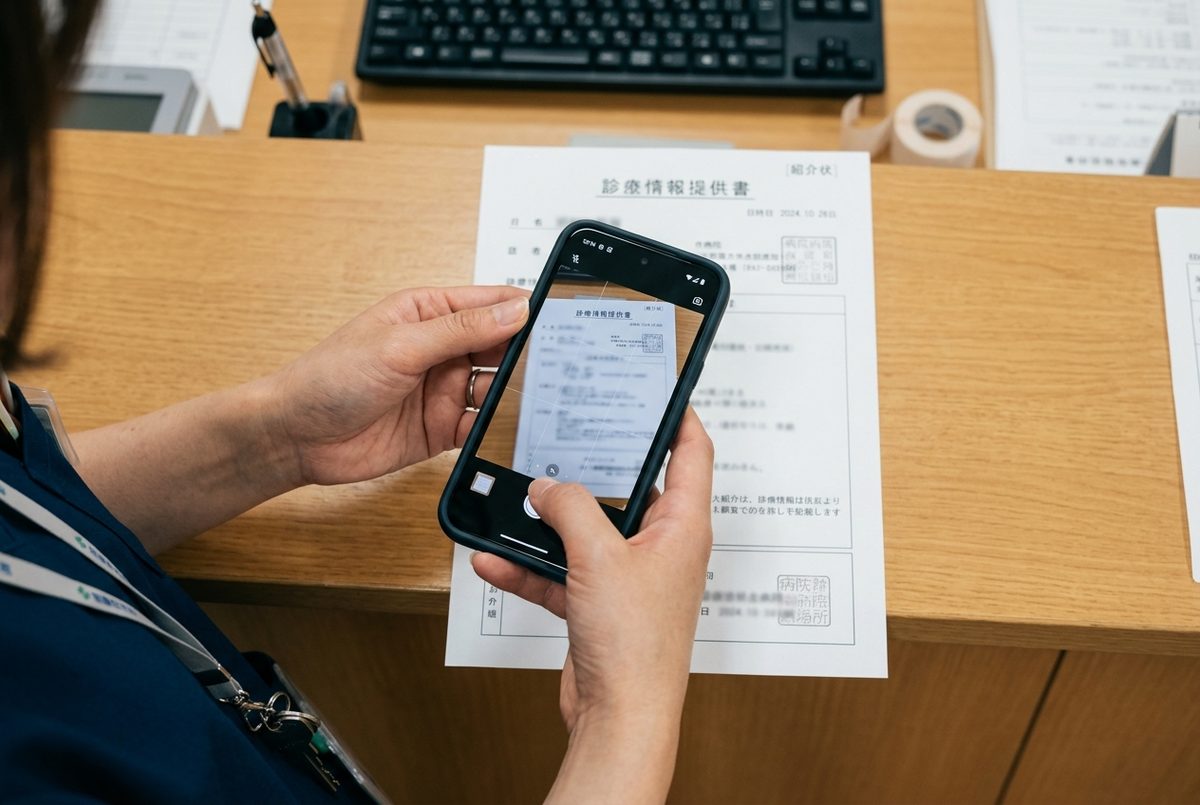 カウンターで届いたFAXをスマホで撮る手元（イメージ）