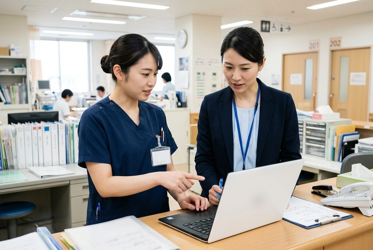 病棟でパソコンの予定表を一緒に確かめる2人（イメージ）