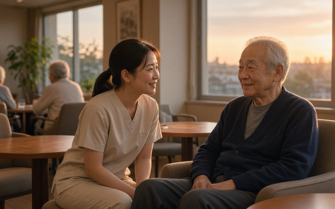 利用者さんとゆっくり話す職員さん(イメージ)
