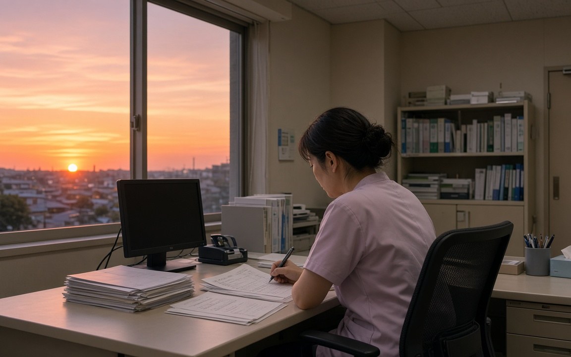 夕方、事務所で記録に追われる職員さん(イメージ)