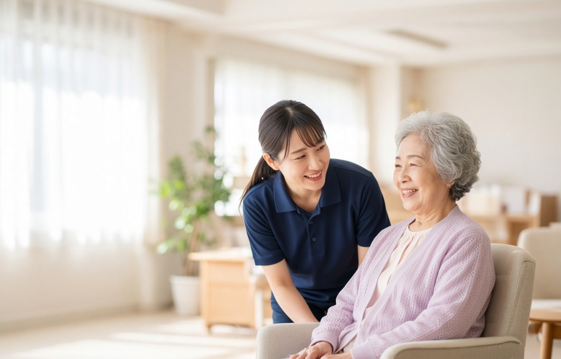 職員さんと利用者さんが笑顔で話している様子(イメージ)