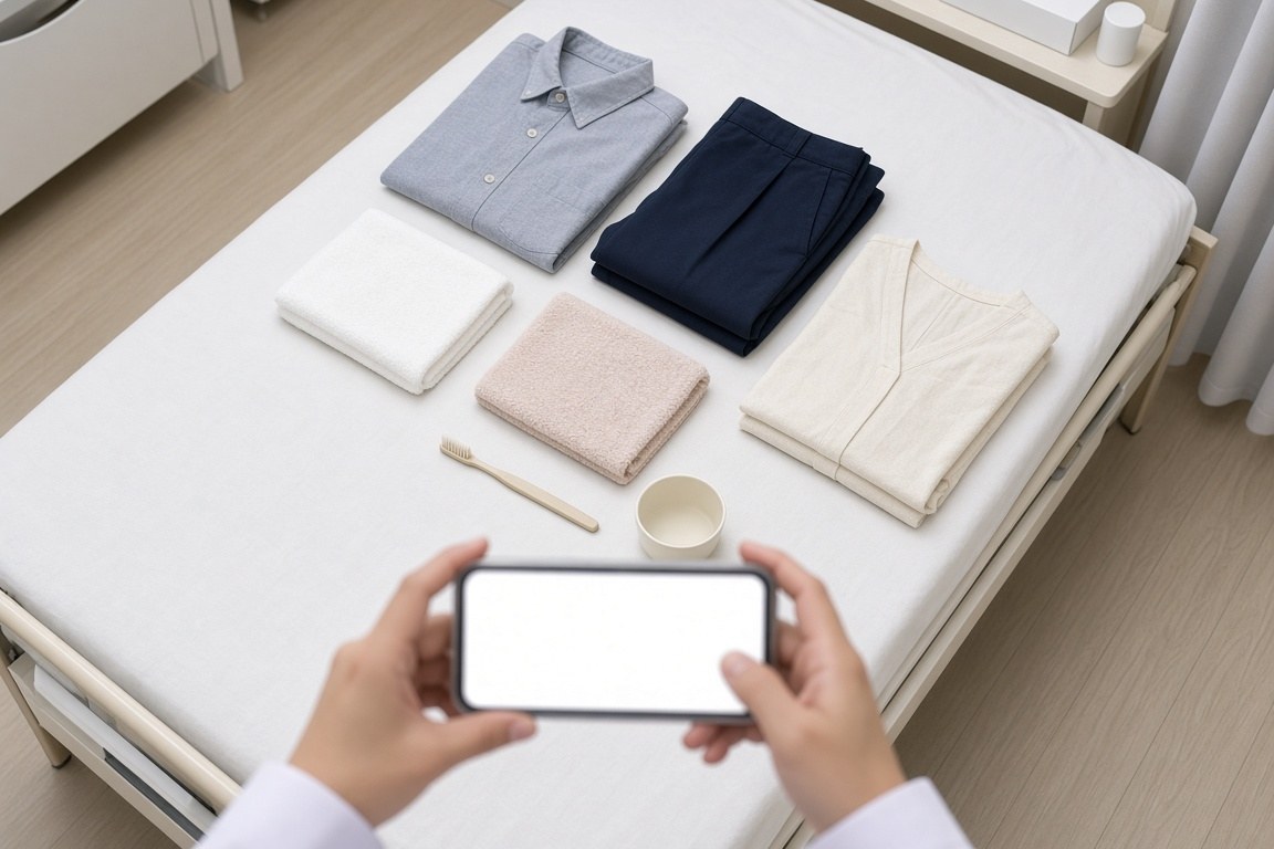 広げた荷物をスマホで撮る手元(イメージ)