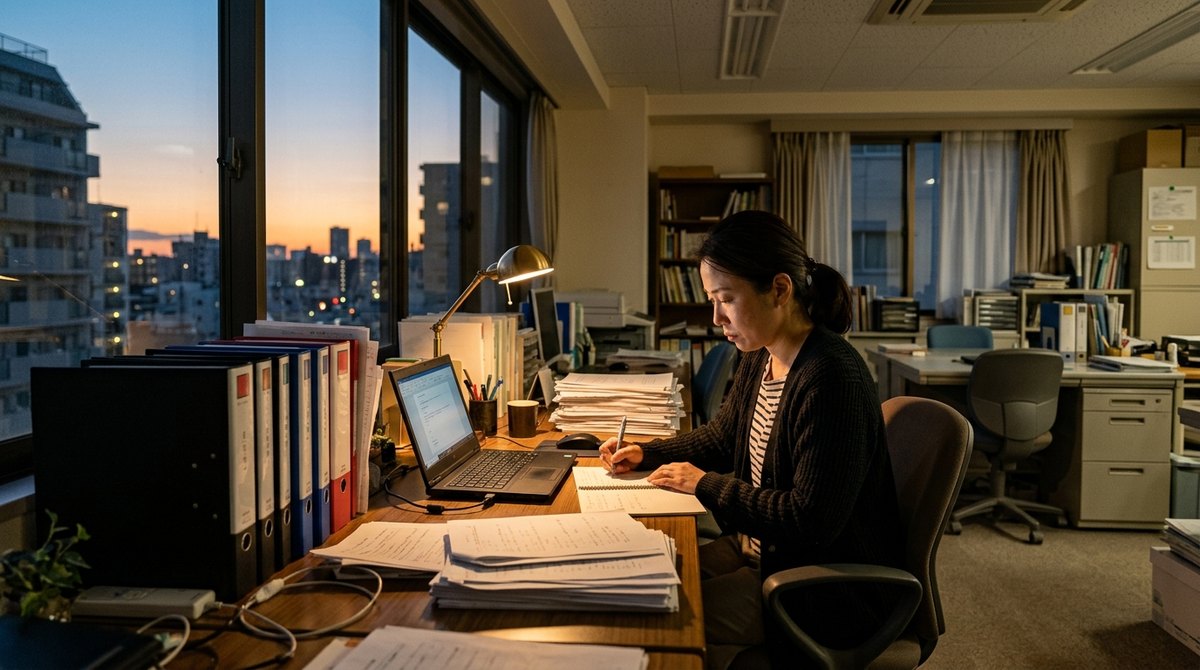 夕方、事務所で記録に追われる所員（イメージ）