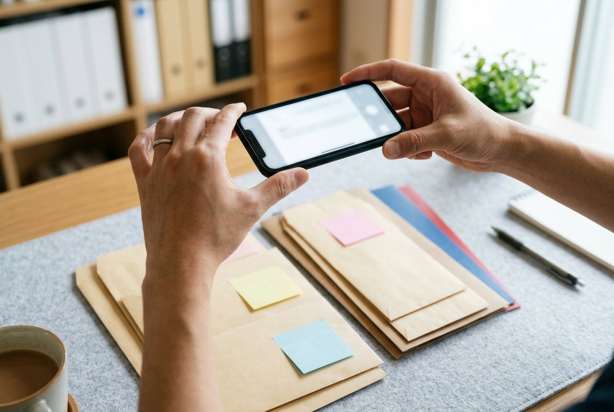 机に並べた預かり書類の封筒をスマホで撮る手元（イメージ）