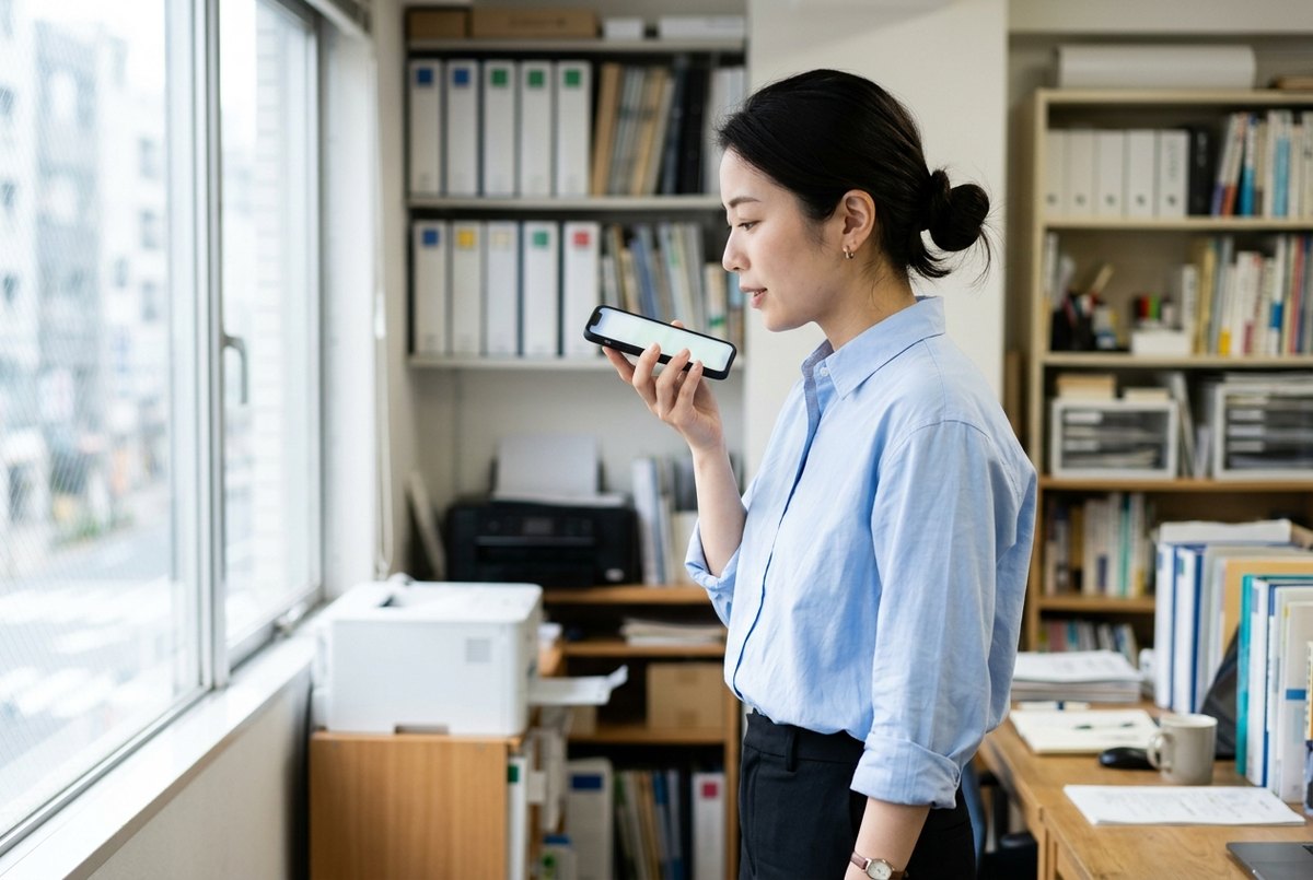 事務所でスマホに話しかけて面談の記録をとる所員（イメージ）