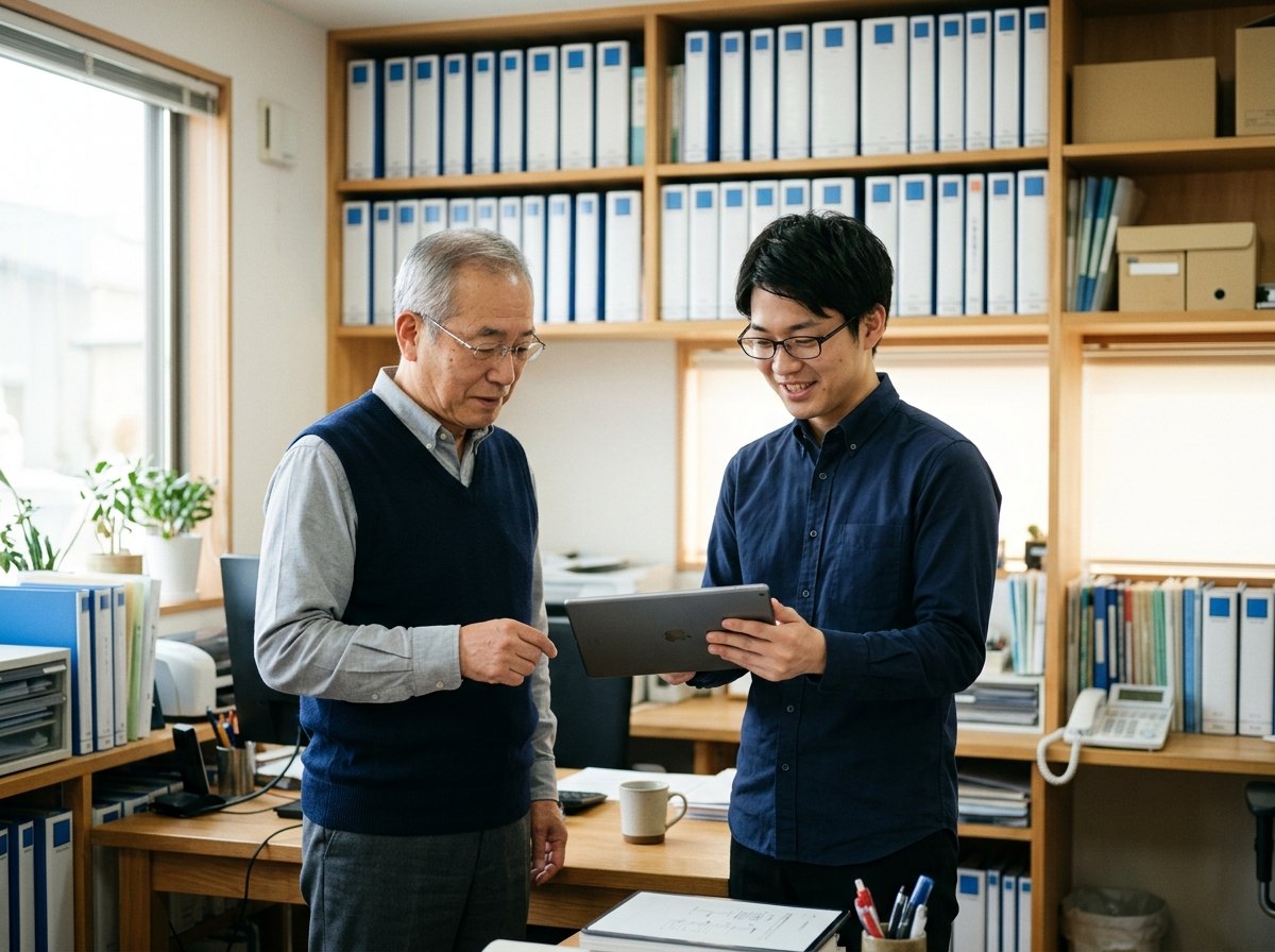士業事務所で、所長と所員がタブレットを見ながら話している様子（イメージ）