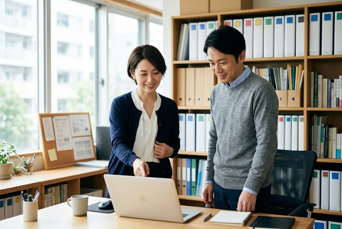 事務所でノートパソコンの期限の一覧を一緒に確かめる2人（イメージ）